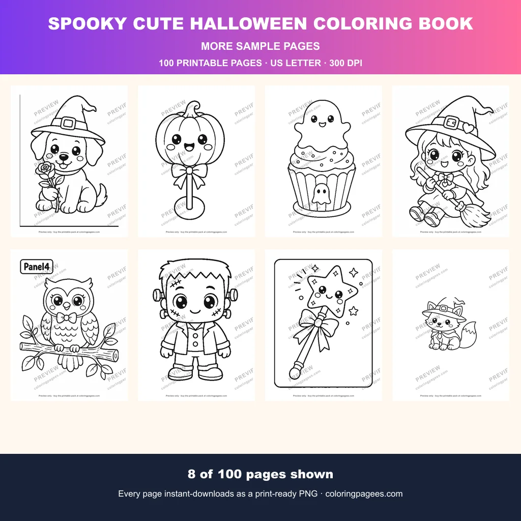 Halloween coloring pages sample sheet 2 from Spooky Cute Halloween Coloring Pages Pack