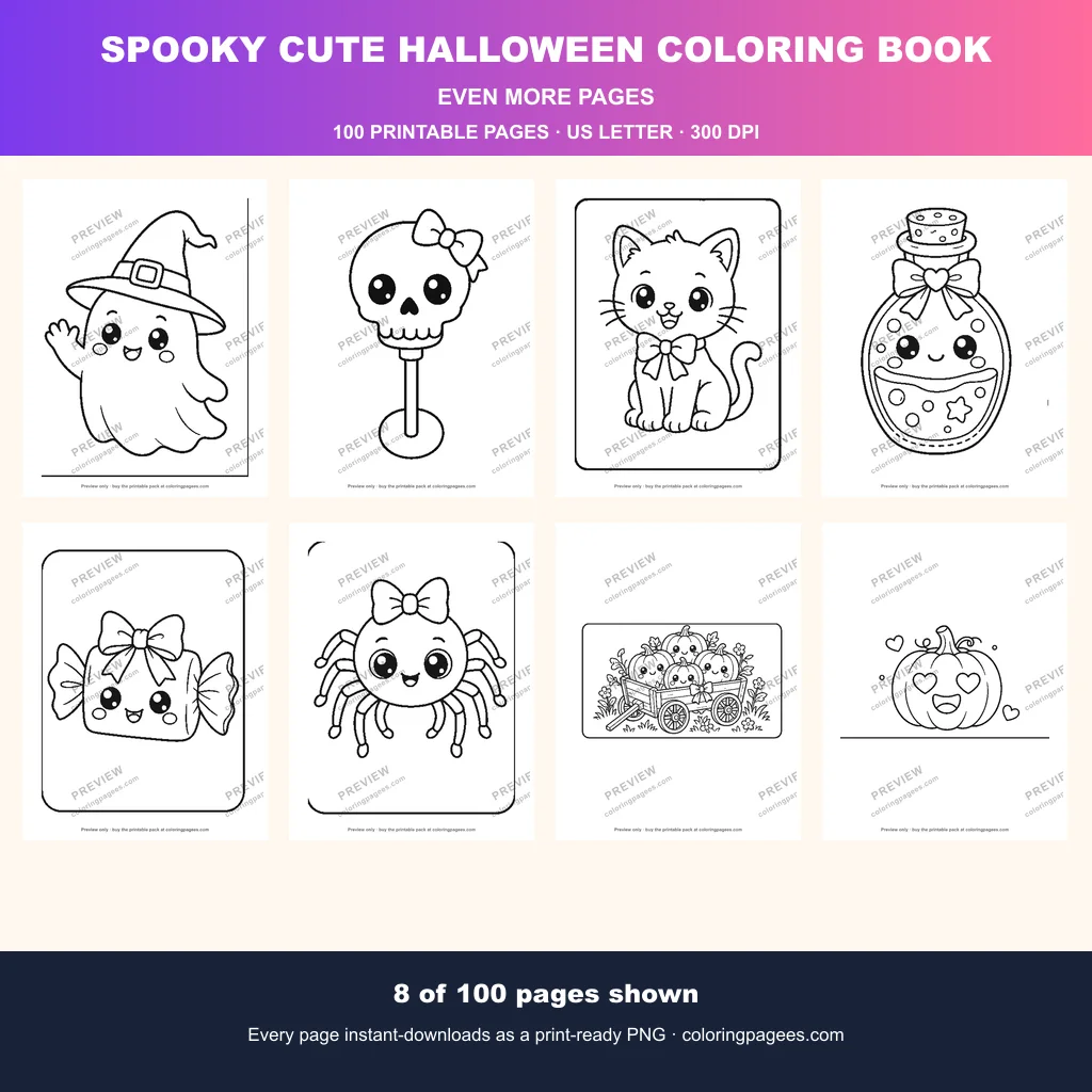 Halloween coloring pages sample sheet 3 from Spooky Cute Halloween Coloring Pages Pack
