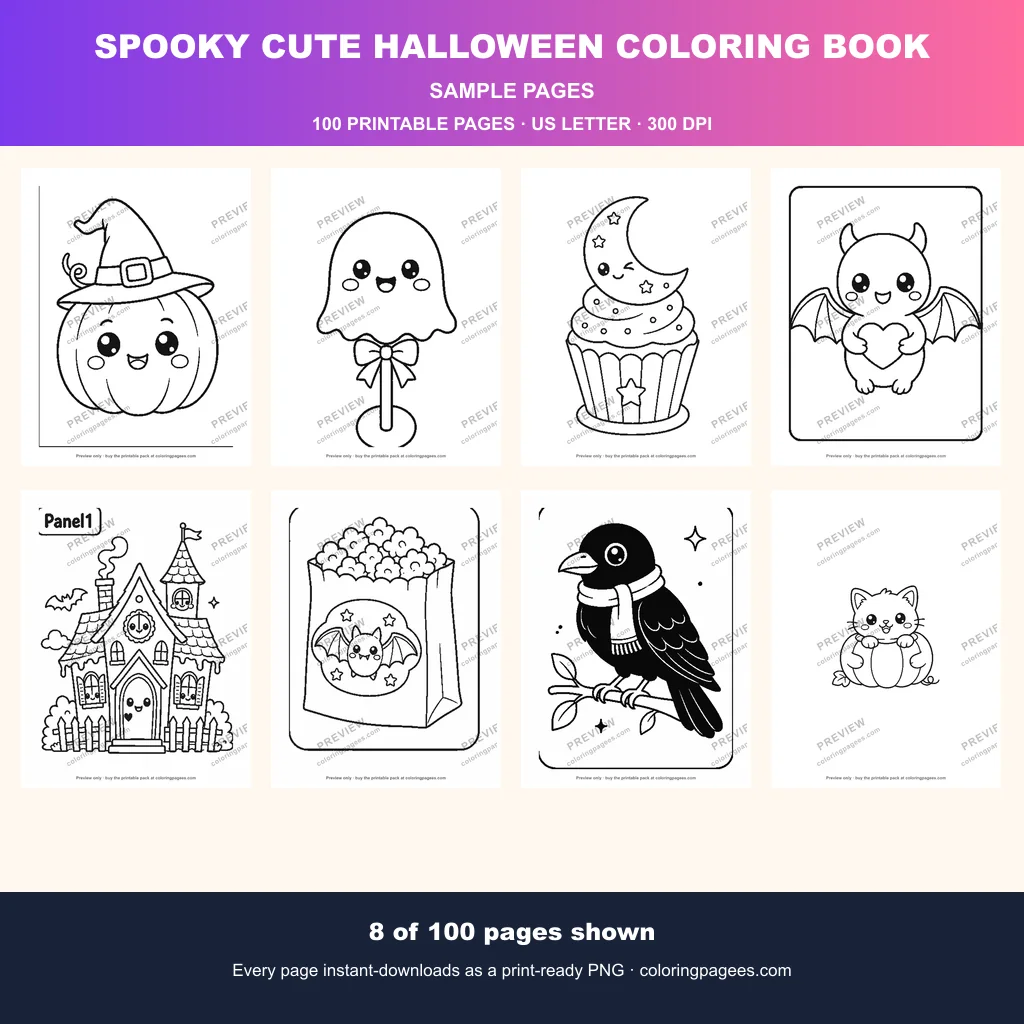 Halloween coloring pages sample sheet 1 from Spooky Cute Halloween Coloring Pages Pack