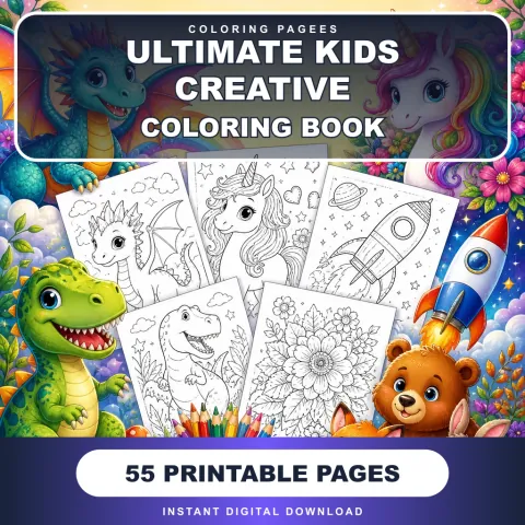 Ultimate Kids Creative Coloring Pages Pack cover with dragon, unicorn, dinosaur, rocket, and animals